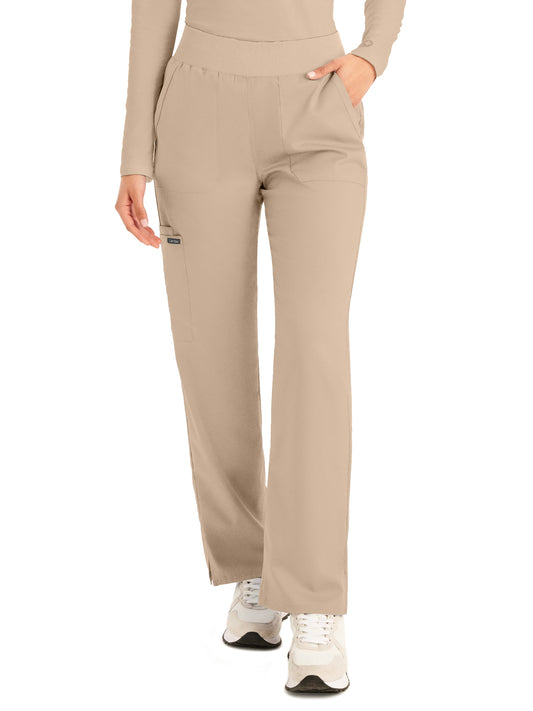 Women's 5-Pocket Mid-Rise Rib-Knit Elastic Waist Straight Leg Pant - LB405 - Sandstone