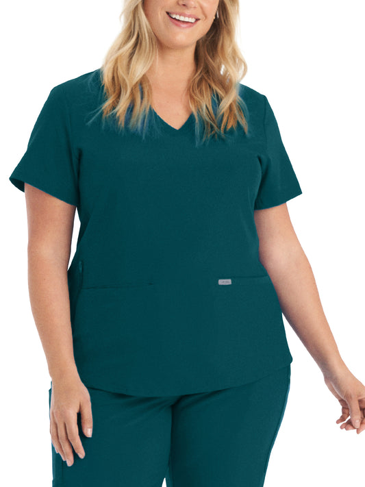 Women's 3-Pocket Rib-Knit Neckline V-Neck Top - LT100 - Caribbean