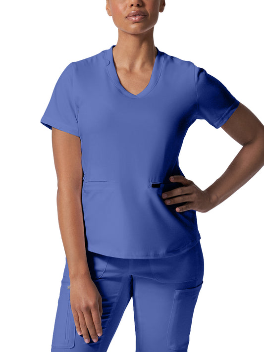 Women's 3-Pocket Rib-Knit Neckline V-Neck Top - LT100 - Ceil Blue