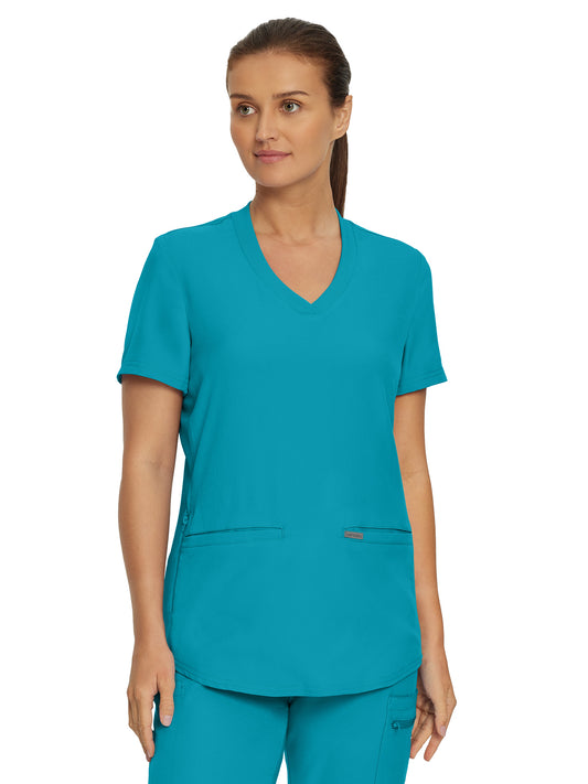 Women's 3-Pocket Rib-Knit Neckline V-Neck Top - LT100 - Teal