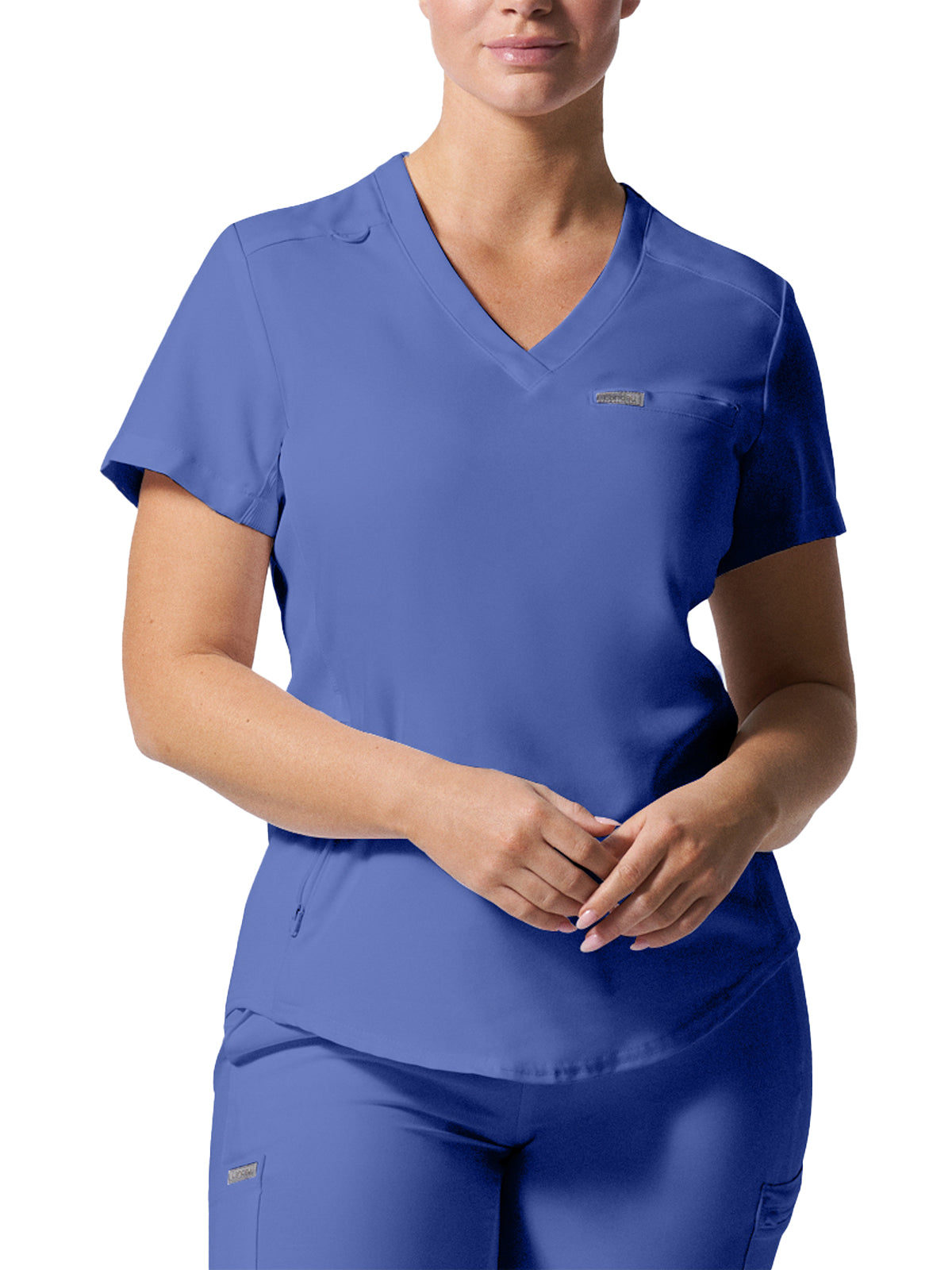 Women's 2-Pocket Shirttail Hemline V-Neck Top - LT101 - Ceil Blue