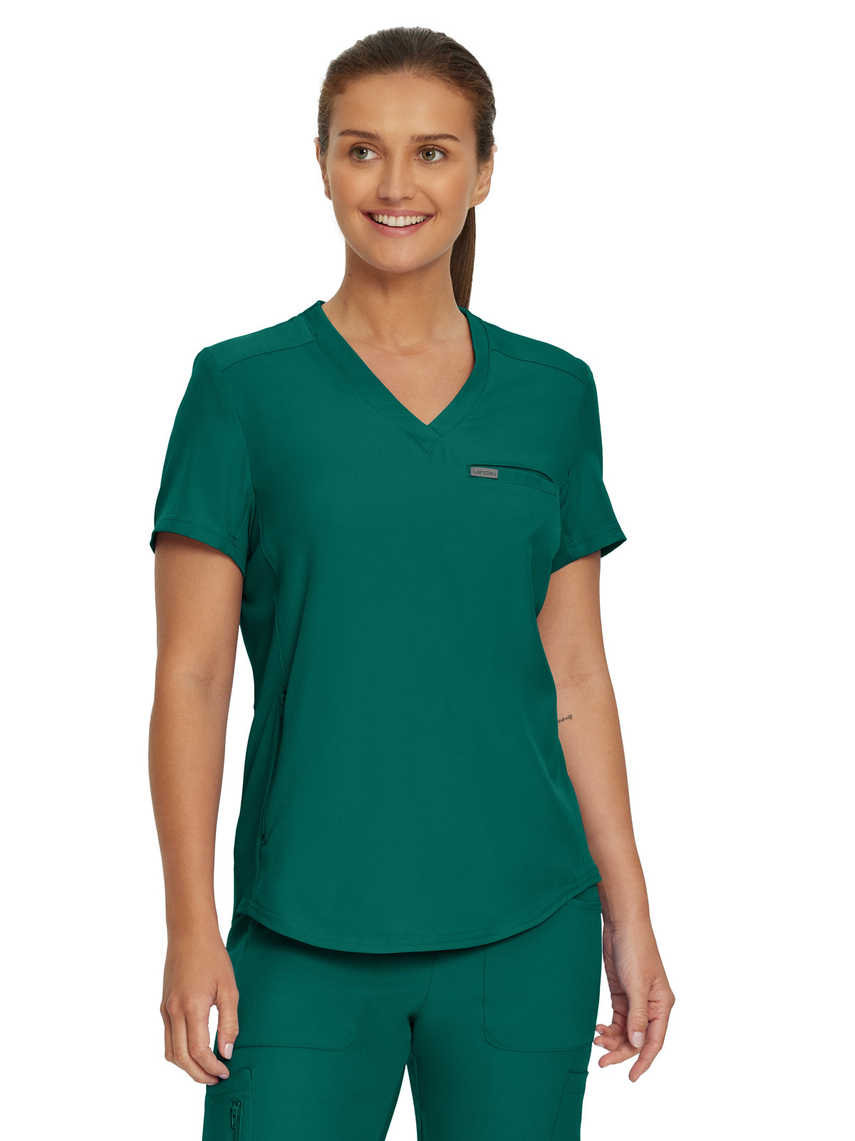 Women's 2-Pocket Shirttail Hemline V-Neck Top - LT101 - Hunter
