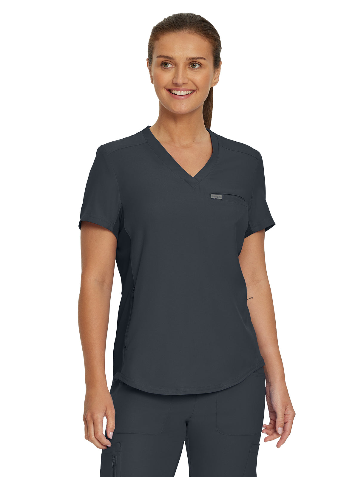 Women's 2-Pocket Shirttail Hemline V-Neck Top - LT101 - Pewter
