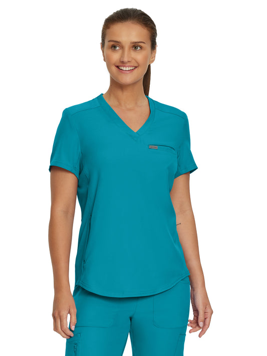 Women's 2-Pocket Shirttail Hemline V-Neck Top - LT101 - Teal