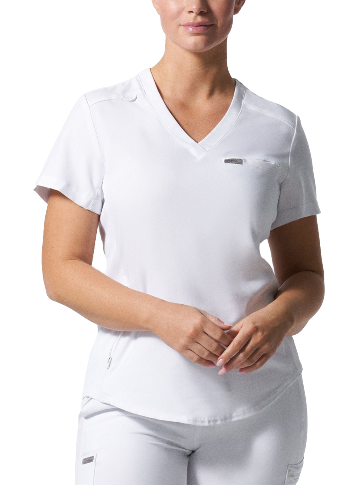 Women's 2-Pocket Shirttail Hemline V-Neck Top - LT101 - White