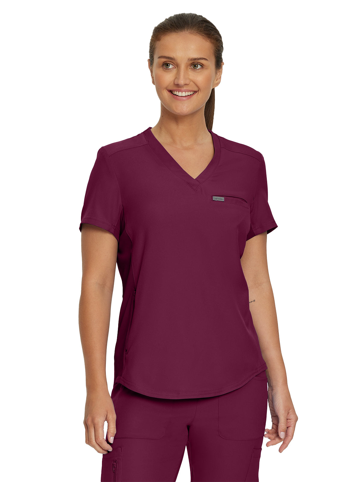 Women's 2-Pocket Shirttail Hemline V-Neck Top - LT101 - Wine
