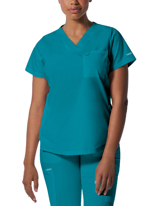 Women's 2-Pocket Back Princess Seamed V-Neck Top - LT107 - Teal