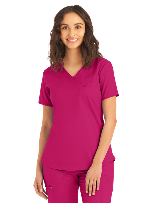 Women's 2-Pocket Back Princess Seamed V-Neck Top - LT107 - Bright Rose