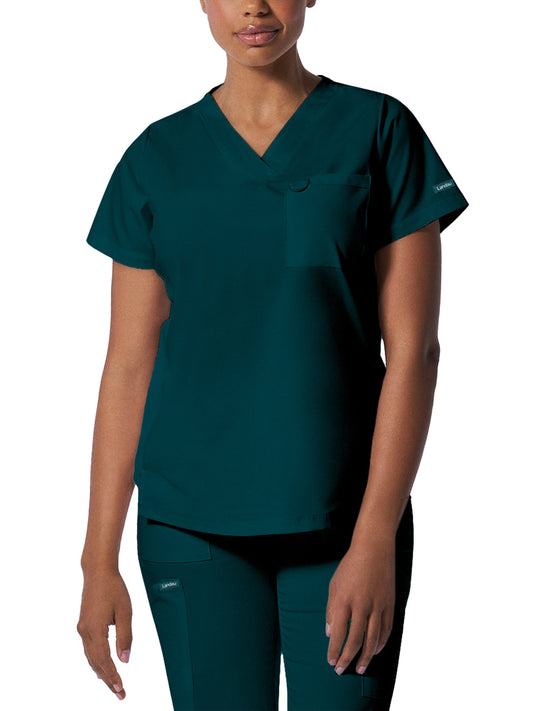 Women's 2-Pocket Back Princess Seamed V-Neck Top - LT107 - Caribbean