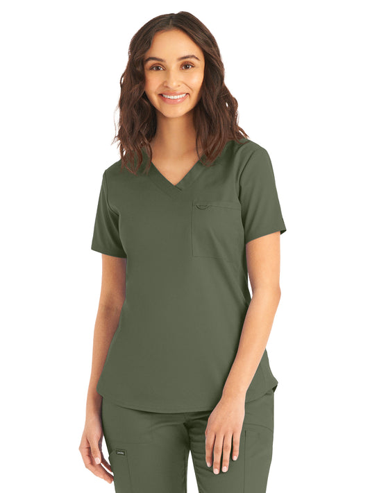 Women's 2-Pocket Back Princess Seamed V-Neck Top - LT107 - Olive Moss