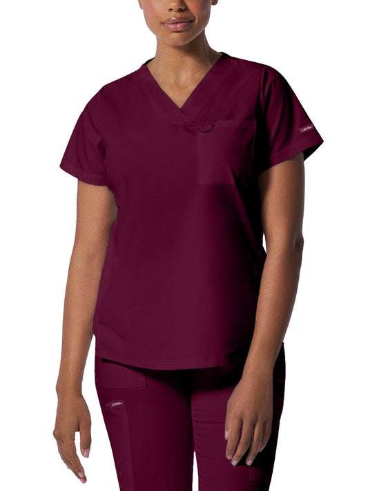 Women's 2-Pocket Back Princess Seamed V-Neck Top - LT107 - Wine