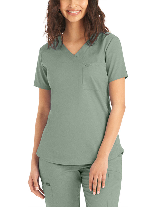 Women's 2-Pocket Back Princess Seamed V-Neck Top - LT107 - Sea Grass