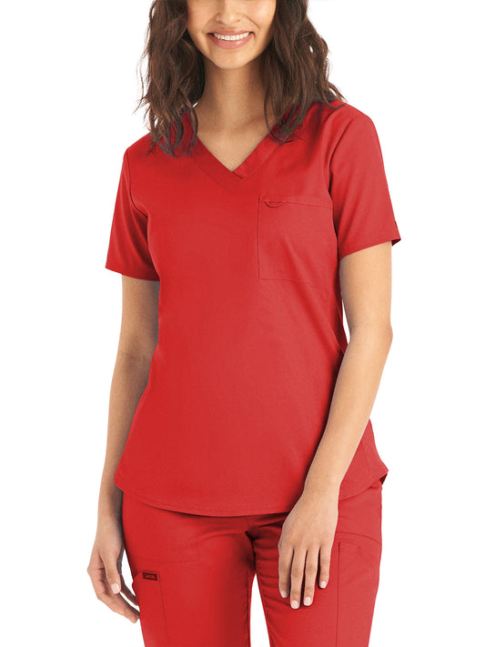 Women's 2-Pocket Back Princess Seamed V-Neck Top - LT107 - True Red