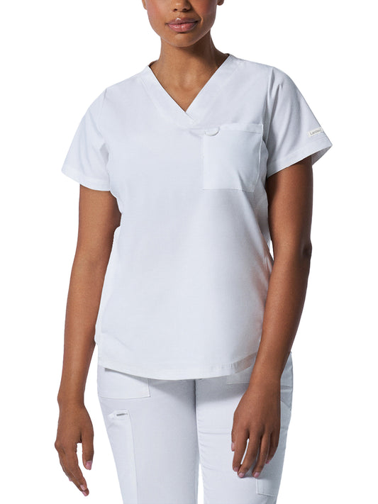 Women's 2-Pocket Back Princess Seamed V-Neck Top - LT107 - White