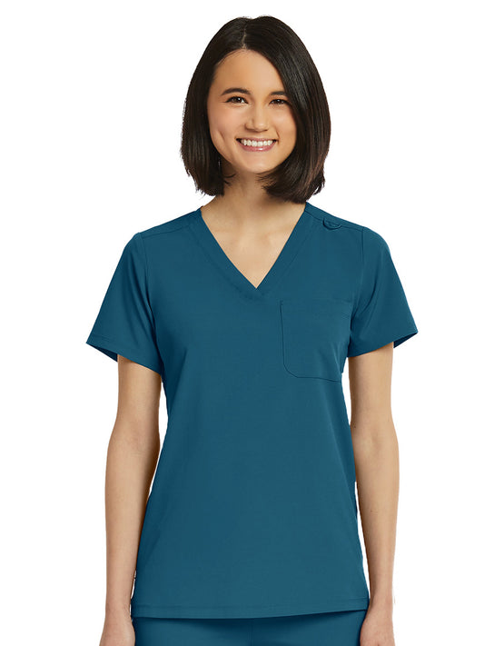 Women's Fitted One-Pocket V-Neck Top - SJ101 - Caribbean