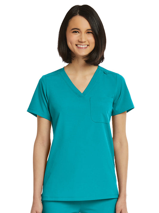 Women's Fitted One-Pocket V-Neck Top - SJ101 - Teal