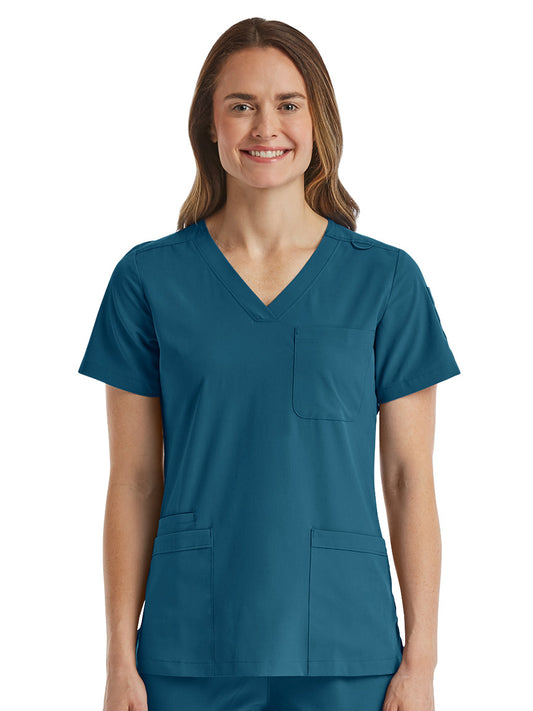 Women's Fitted Six-Pocket V-Neck Top - SJ103 - Caribbean