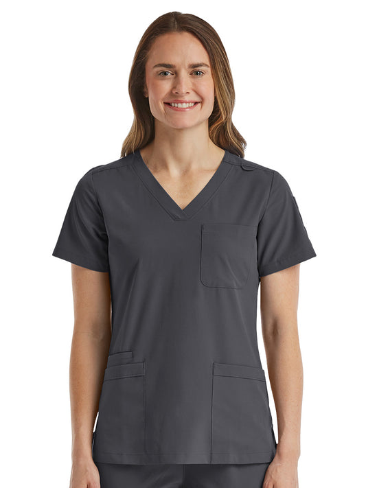 Women's Fitted Six-Pocket V-Neck Top - SJ103 - Pewter