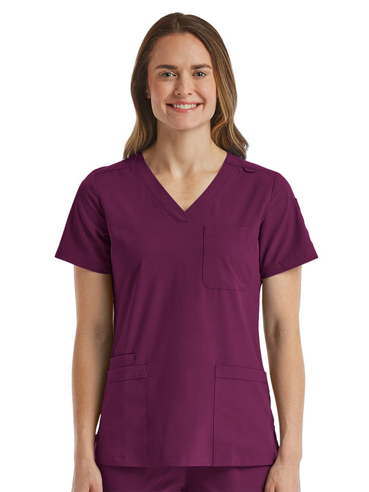 Women's Fitted Six-Pocket V-Neck Top - SJ103 - Wine