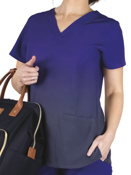 Women's Two-Pocket V-Neck Print Top - SJP1 - Purple Fog