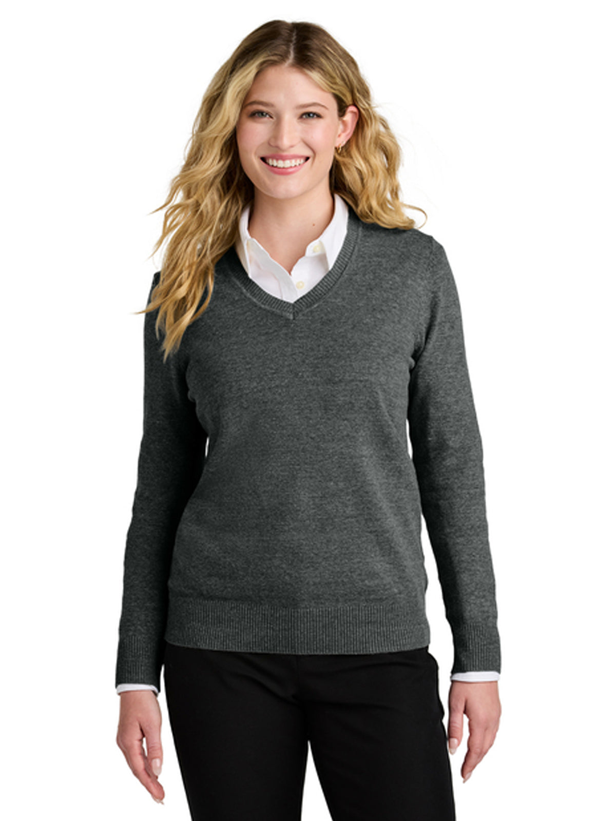 Women's Pocketless V-Neck Sweater - LSW2850 - Charcoal Heather