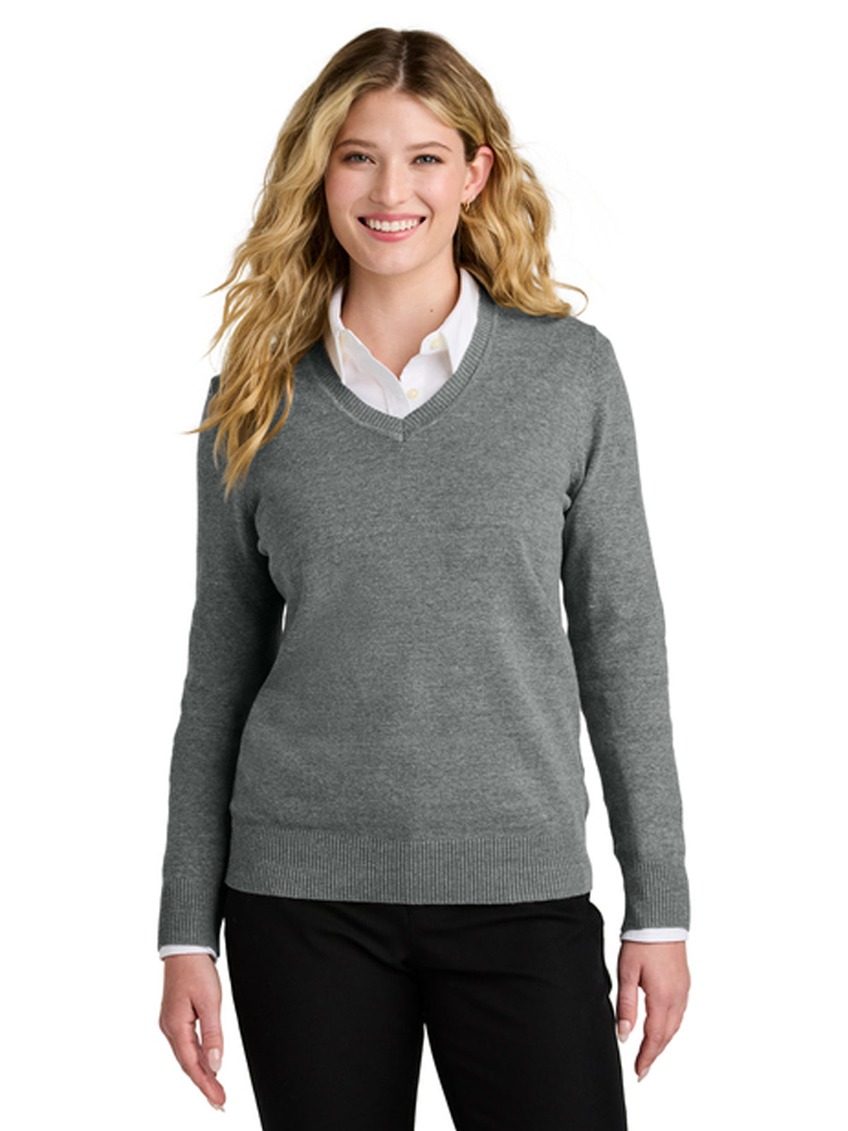 Women's Pocketless V-Neck Sweater - LSW2850 - Medium Heather Grey