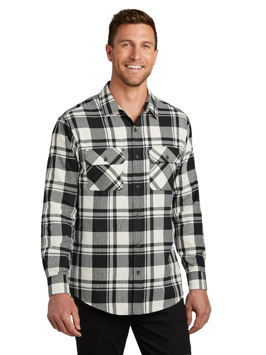 Men's Plaid Flannel Shirt - W668 - Snow White/Black