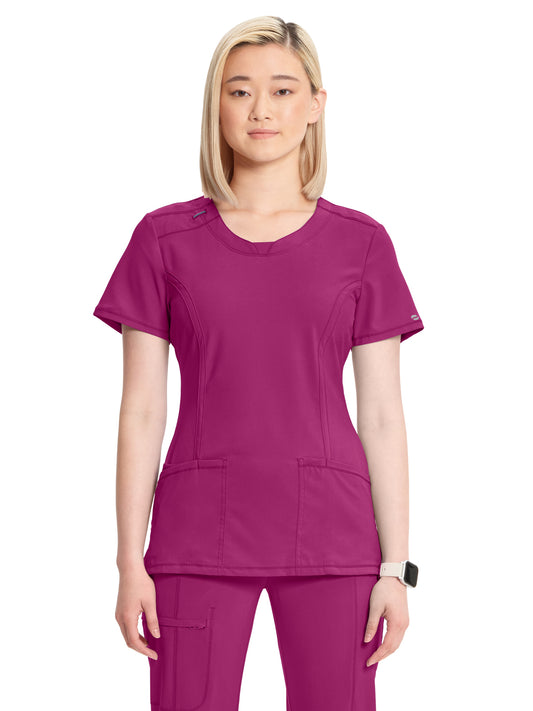Women's Stretch Rib-knit Back Panel Round Neck Top - 2624A - Future Fuchsia