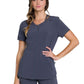 Women's Mixed Media Zip Front V-Neck Top - CK810A - Pewter