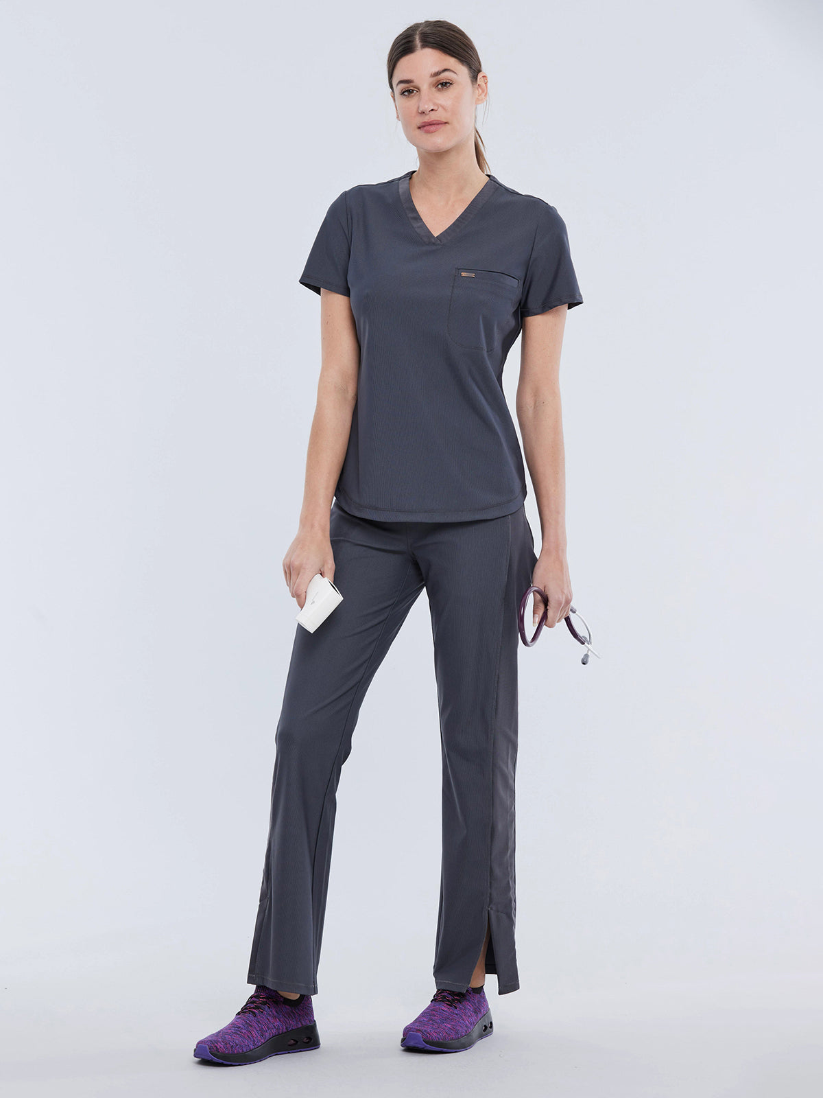 Women's 1-Pocket Tuckable V-Neck Top - CK819 - Pewter