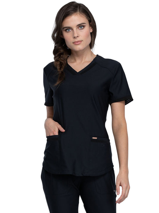 Women's Curved Hemline V-Neck Top - CK840 - Black