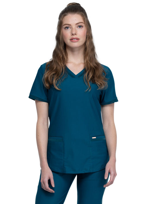 Women's Curved Hemline V-Neck Top - CK840 - Caribbean Blue