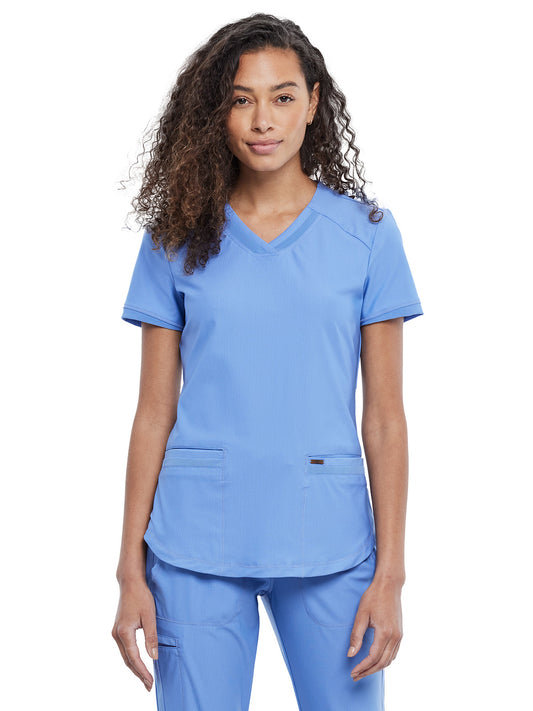 Women's Curved Hemline V-Neck Top - CK840 - Ciel Blue