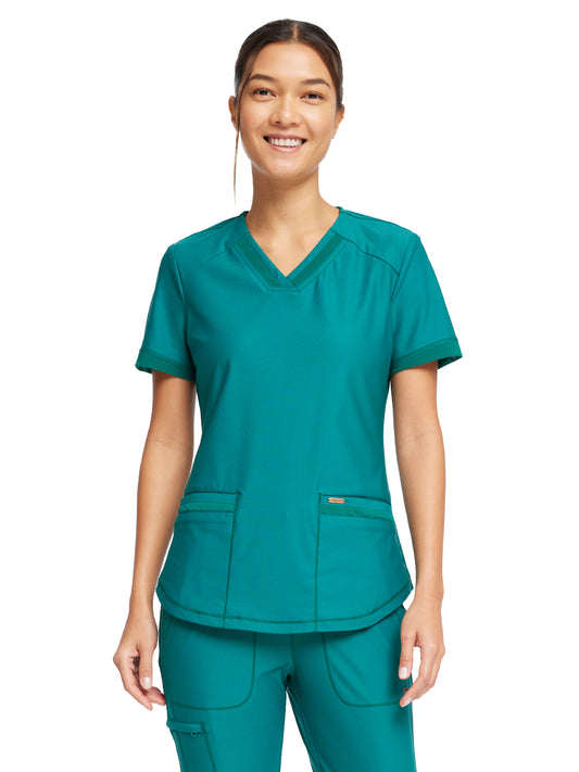 Women's Curved Hemline V-Neck Top - CK840 - Hunter Green