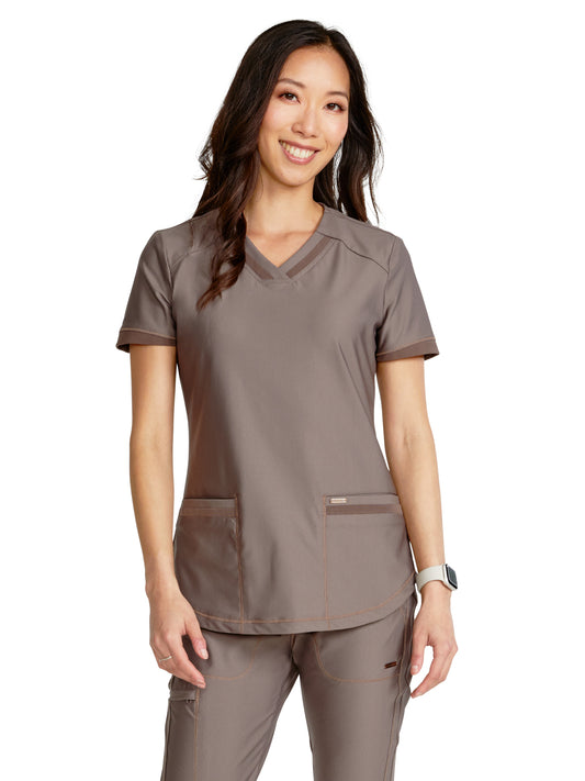 Women's Curved Hemline V-Neck Top - CK840 - Iron