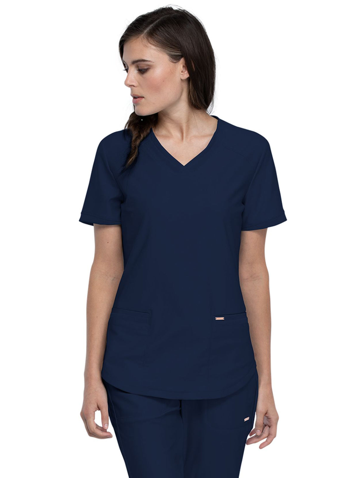 Women's Curved Hemline V-Neck Top - CK840 - Navy