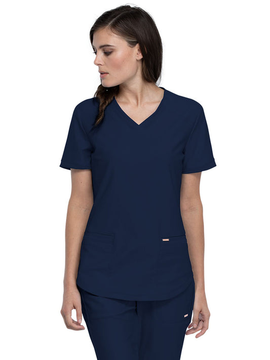 Women's Curved Hemline V-Neck Top - CK840 - Navy