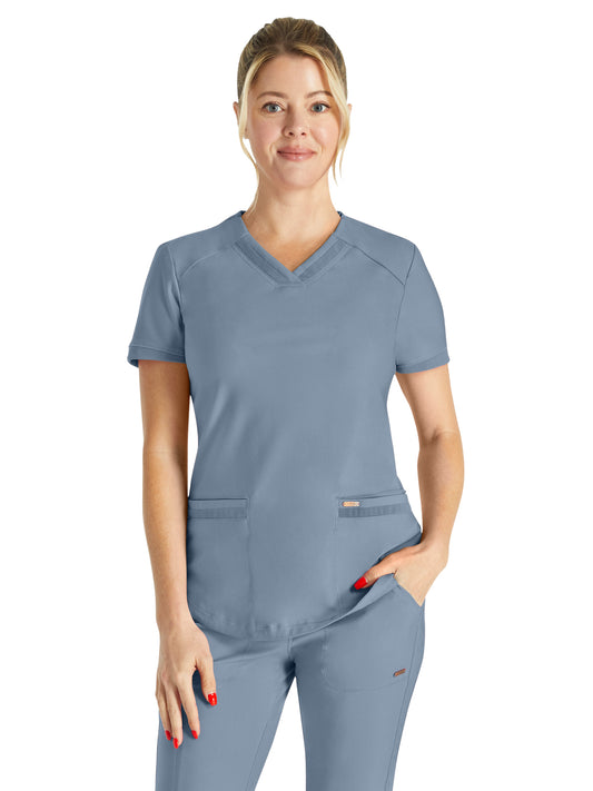 Women's Curved Hemline V-Neck Top - CK840 - Ocean Ash
