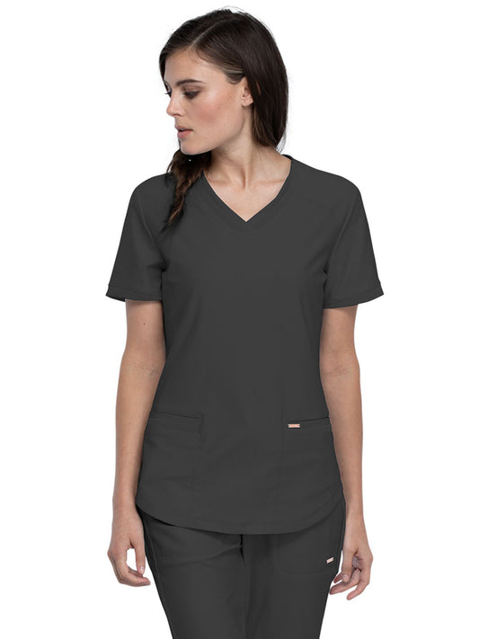 Women's Curved Hemline V-Neck Top - CK840 - Pewter