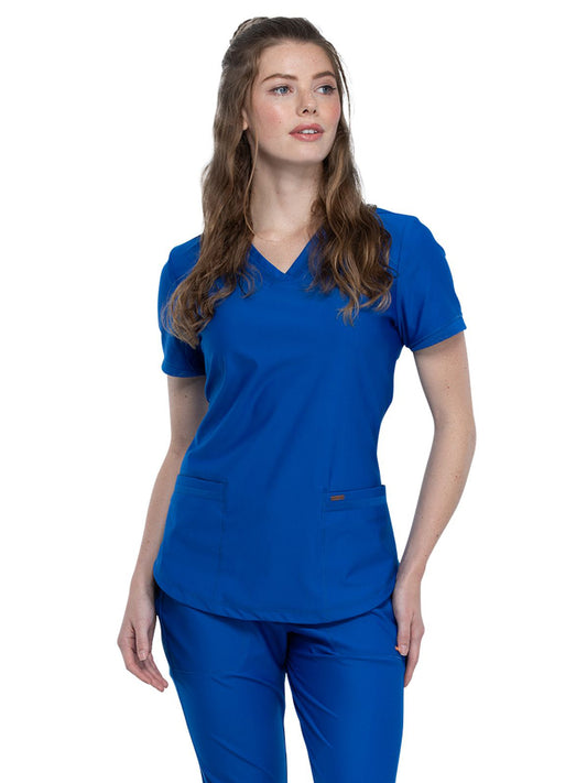 Women's Curved Hemline V-Neck Top - CK840 - Royal