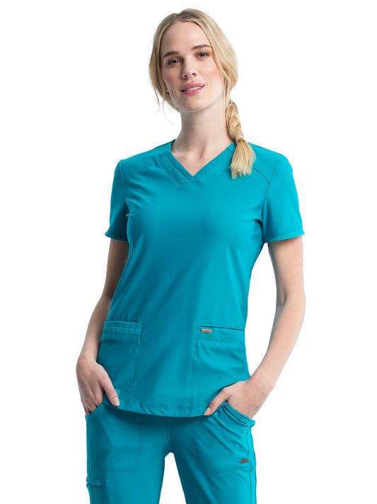 Women's Curved Hemline V-Neck Top - CK840 - Teal Blue