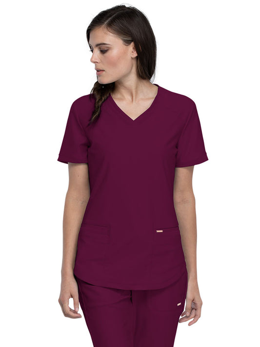 Women's Curved Hemline V-Neck Top - CK840 - Wine