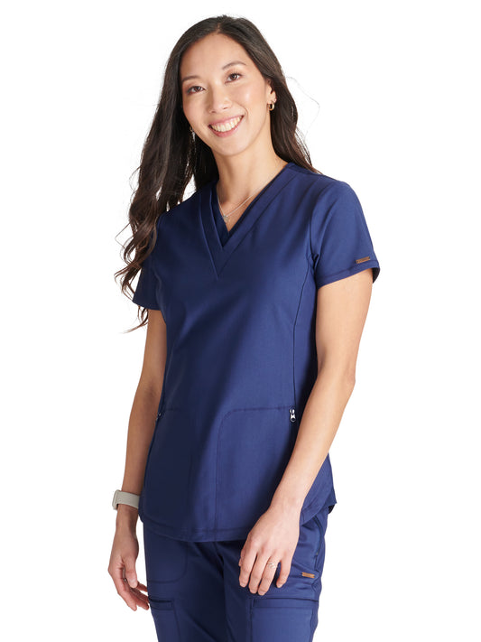 Women's 2-Pocket Contemporary V-Neck Top - CK843 - Navy