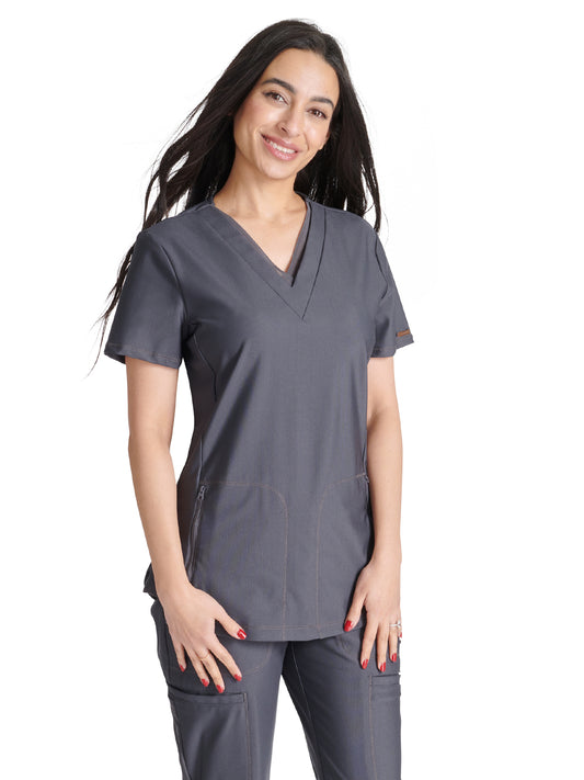 Women's 2-Pocket Contemporary V-Neck Top - CK843 - Pewter