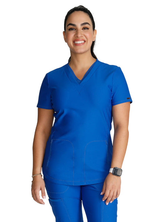 Women's 2-Pocket Contemporary V-Neck Top - CK843 - Royal