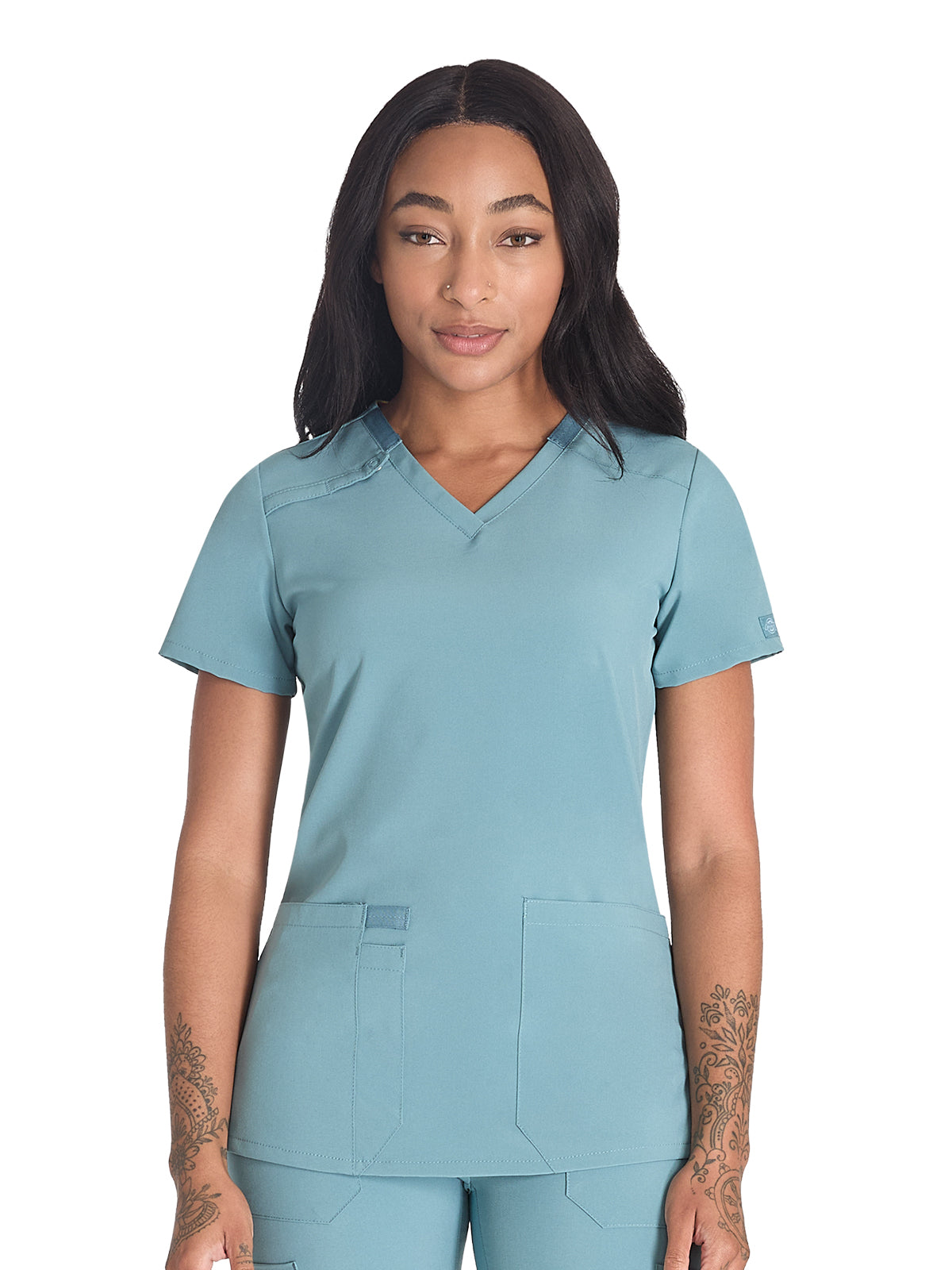 Women's 2-Pocket Contemporary V-Neck Top - DK615 - Mineral Blue