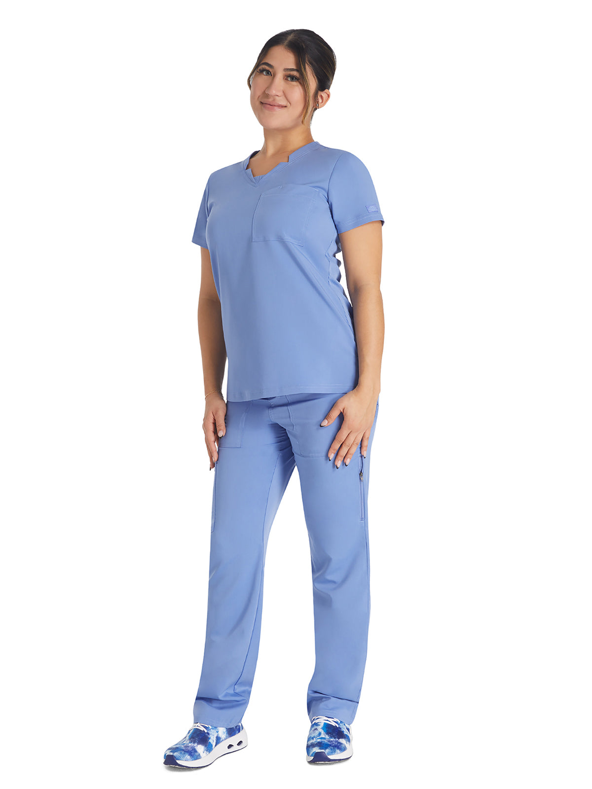 Women's 2-Pocket Notched V-Neck Top - DK671 - Ciel