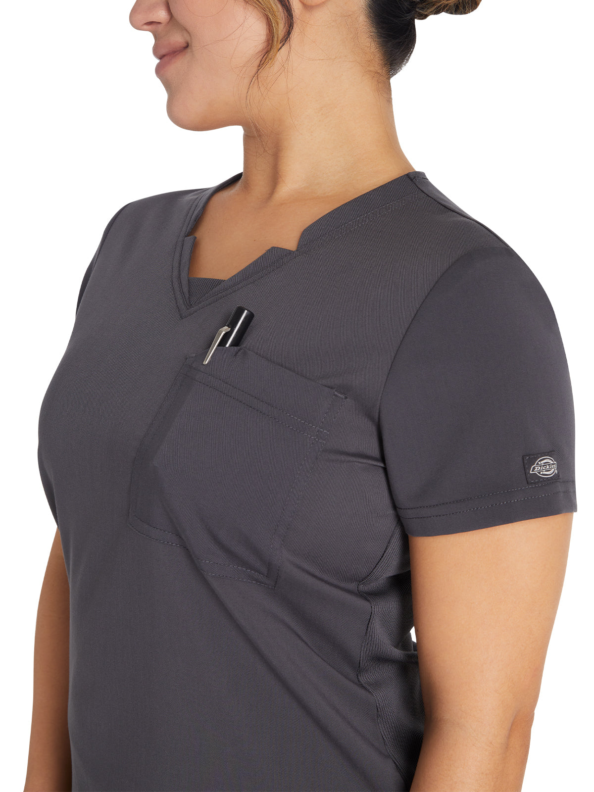 Women's 2-Pocket Notched V-Neck Top - DK671 - Pewter