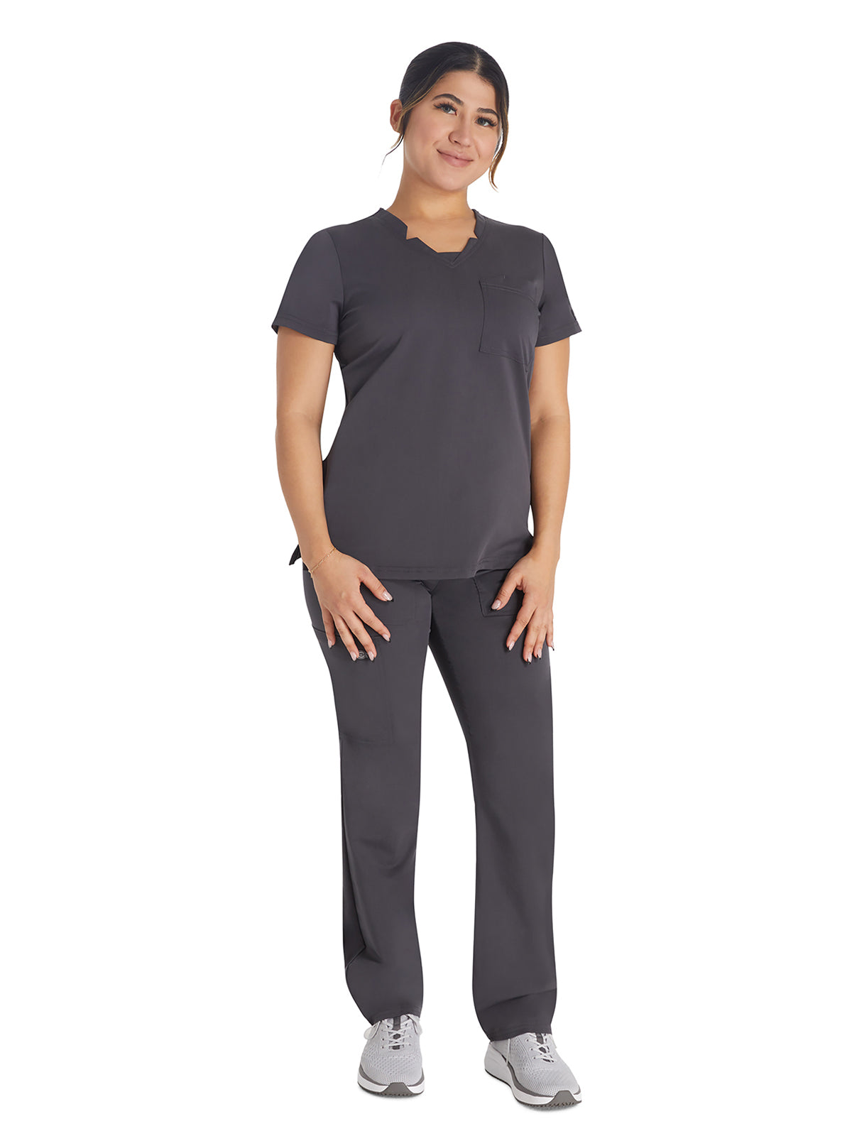 Women's 2-Pocket Notched V-Neck Top - DK671 - Pewter