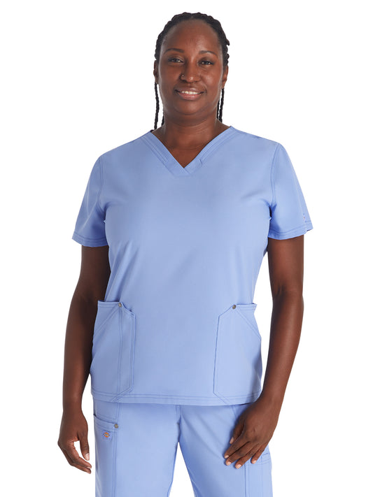 Women's 4-Pocket V-Neck Top - DK678 - Ciel